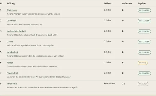 Laufende Oberfläche: 378 Bilddatensätze, acht Prüfabfragen