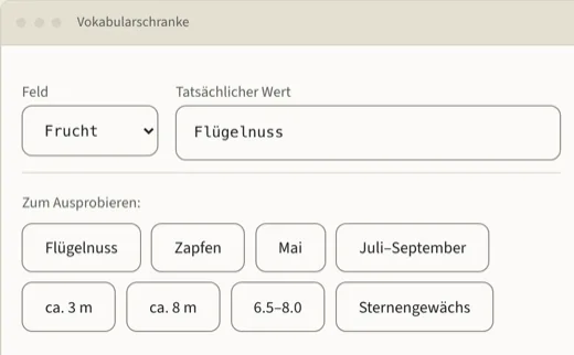 Laufende Oberfläche der Pflanzenstrecke mit Vokabularschranke und tatsächlichem Wert