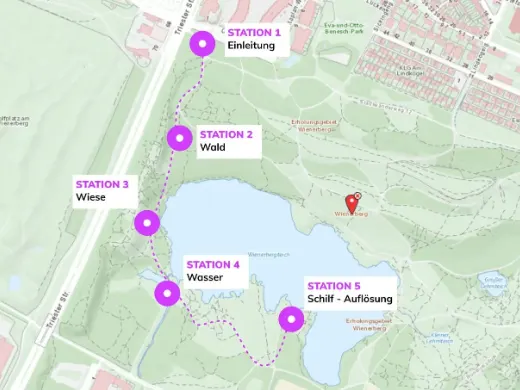 Kartenausschnitt mit den nummerierten Stationen der Begehung am Wienerberg