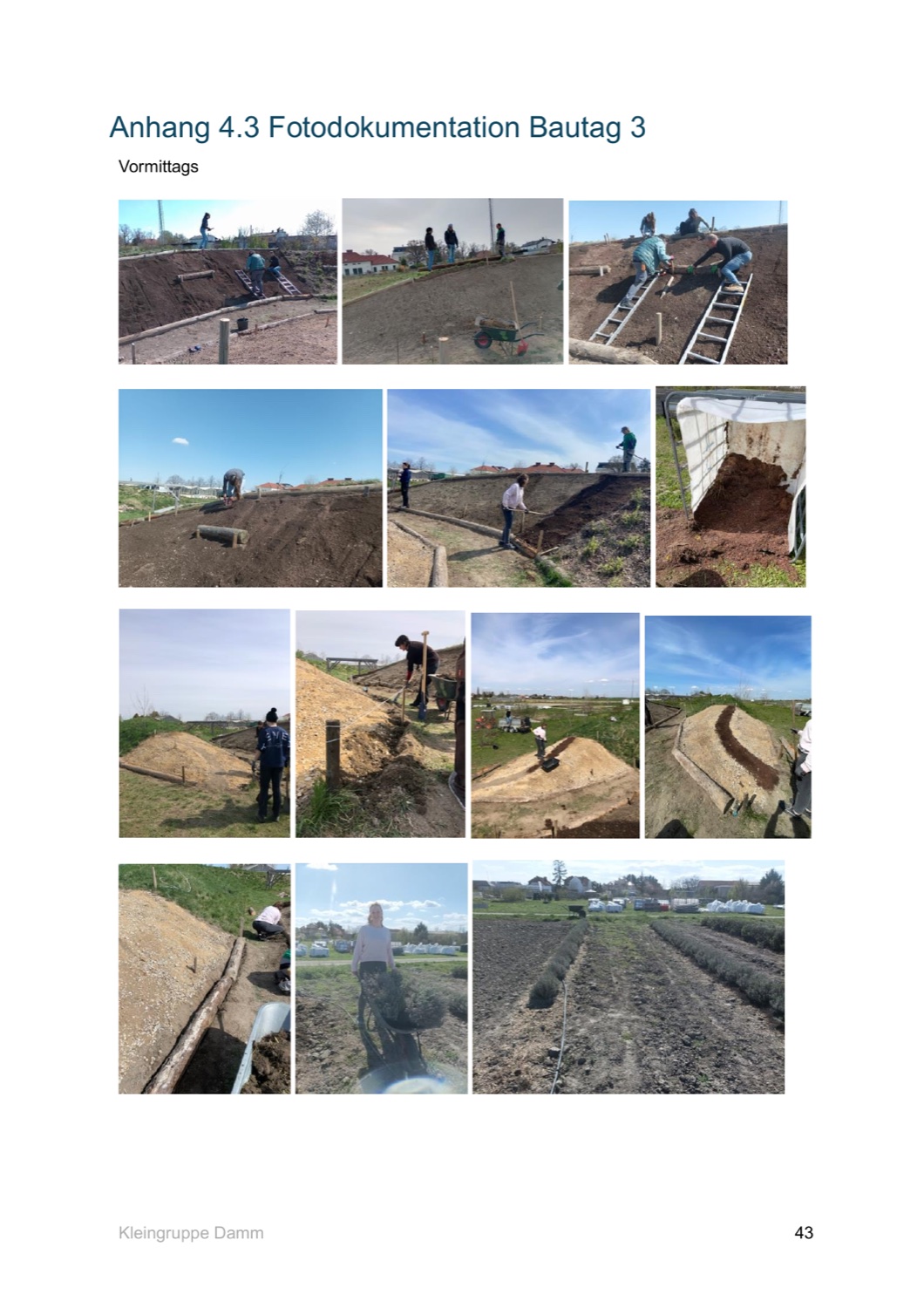 Fotodokumentation eines Bautags: Erdarbeiten am Hang, Einbau von Rundhölzern und Aufbringen des Substrats