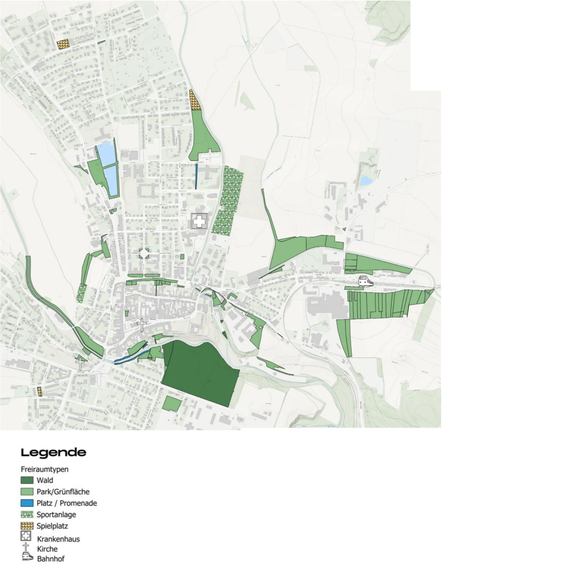 Karte der Stadtgemeinde Horn mit Freiraumstrukturen in fünf Kategorien: Wald, Park und Grünfläche, Platz und Promenade, Sportanlage und Spielplatz, jeweils farbig oder mit Schraffur dargestellt, mit Legende.